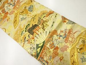 アンティーク　扇に御所車・宝尽くし模様織出し名古屋帯（着用可）